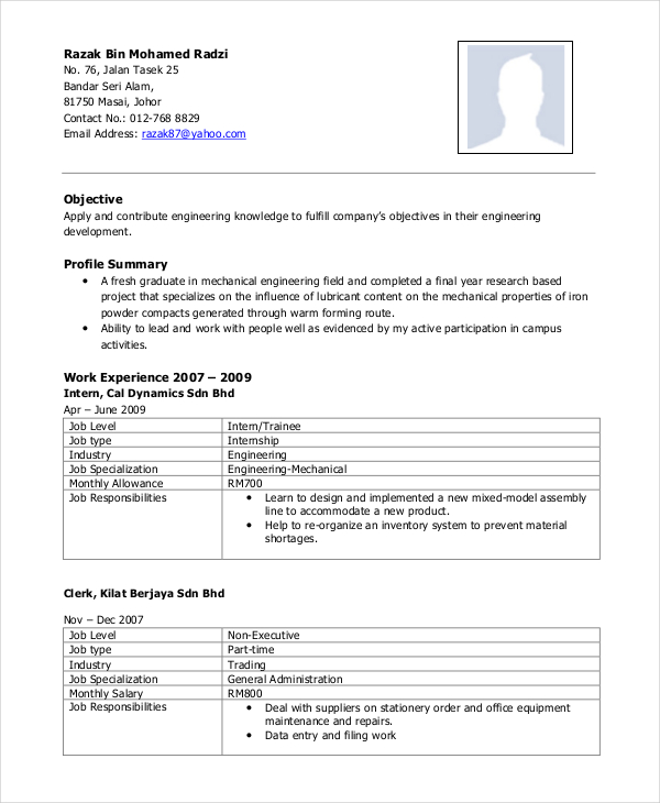 resume template mechanical engineer