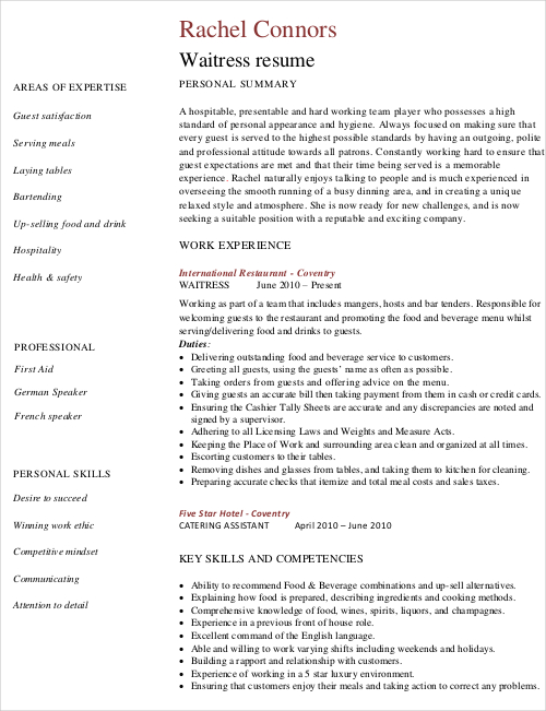 Waitress hotel resume