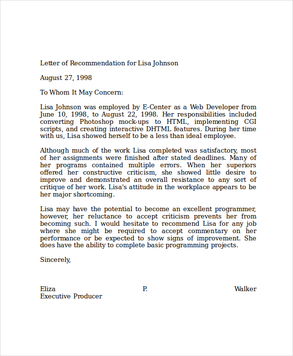 Professional Work Sample Letter Of Recommendation - for