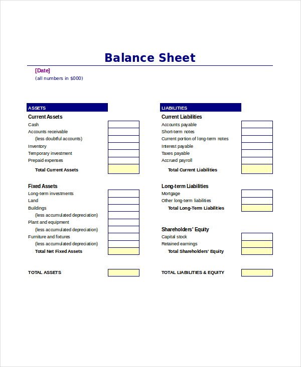 Balance Sheet Template Word