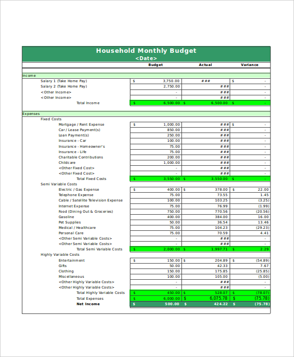 basic household budget