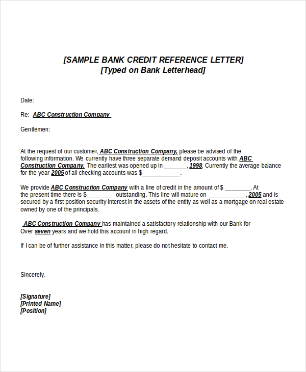 credit reference letter from bank