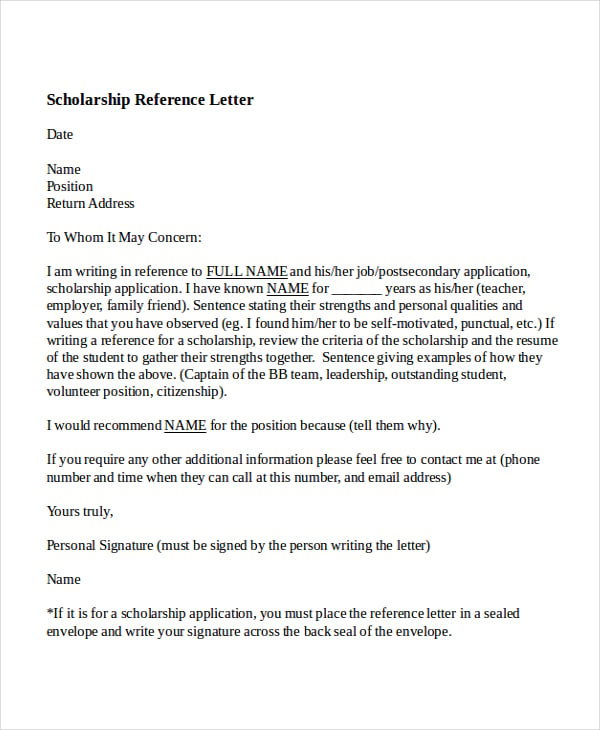scholarship reference letter 