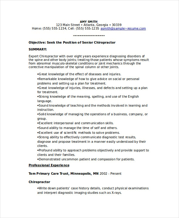 sample chiropractic resume template