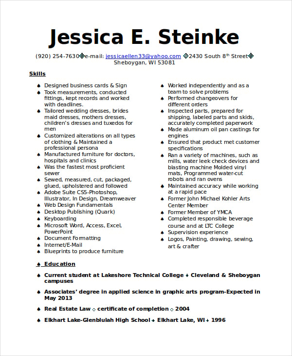 Seamstress Resume Template 6+ Free Word, PDF Documents Download