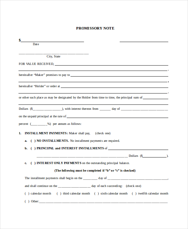 investments promissory note template