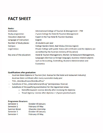 college hotel fact sheet template
