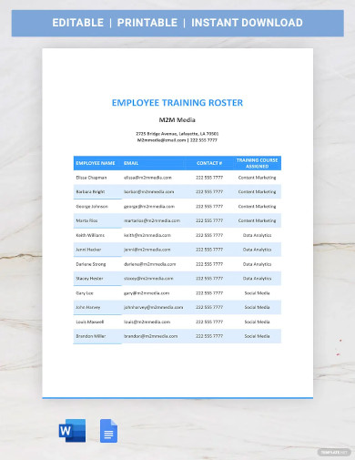 employee training roster template