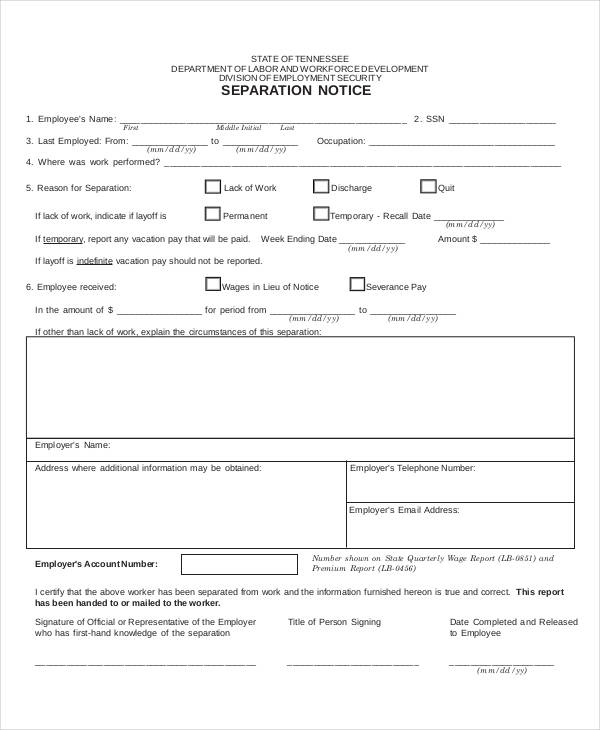 example of tennessee separation notice