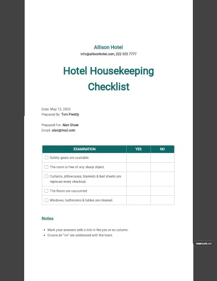 hotel housekeeping checklist template