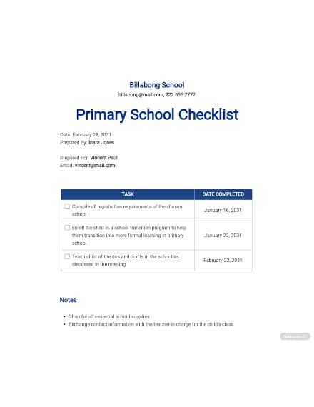 primary school checklist template