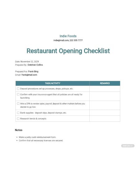 restaurant opening checklist form template