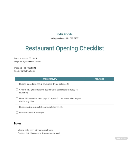 restaurant opening checklist form template