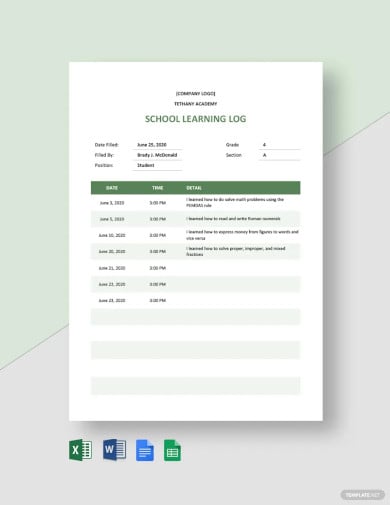 school learning log template