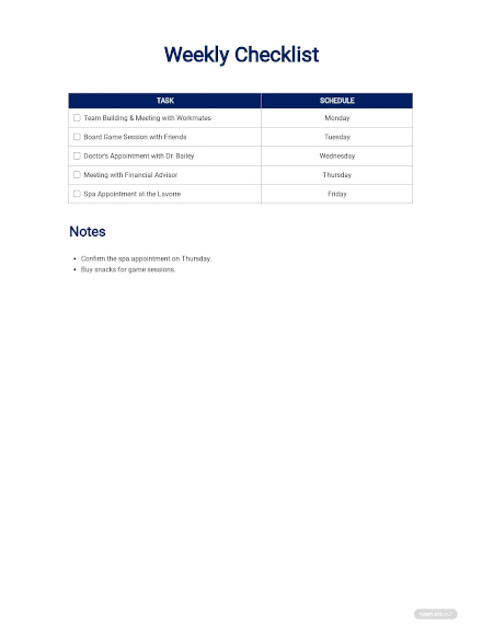 weekly checklist template