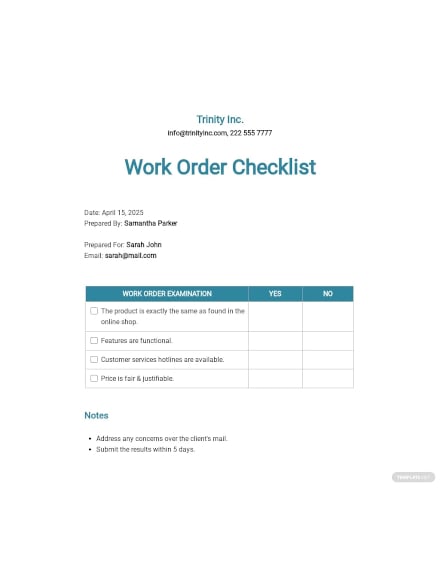 work order checklist template