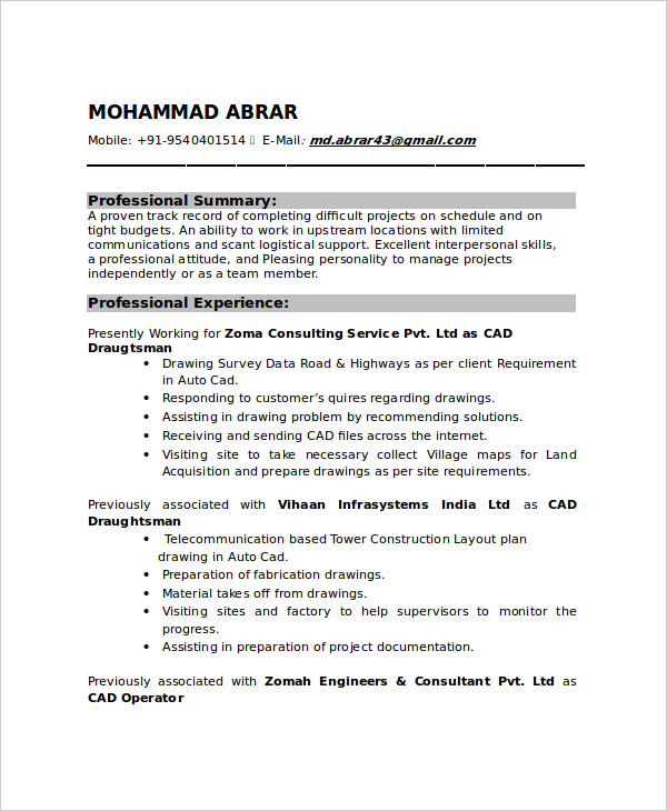 draftsman mechanical resume