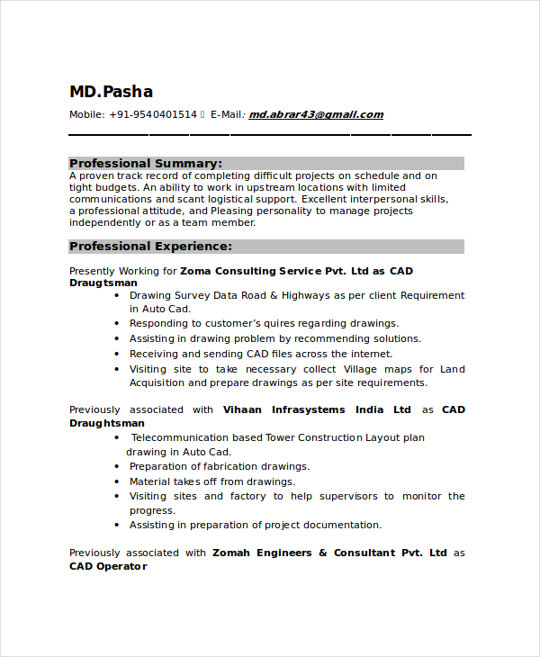 cad draftsman resume