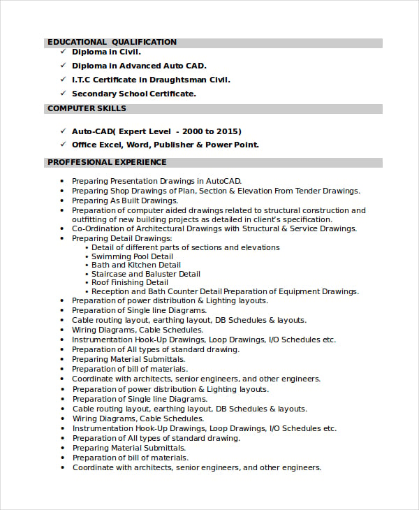 sample resume for mechanical draftsman