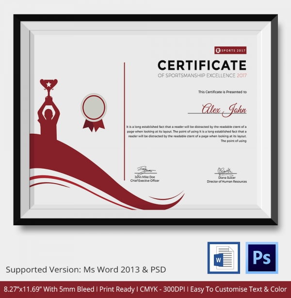 Sportsmanship Certificate Template 4+ Free Word, PDF Document Downloads