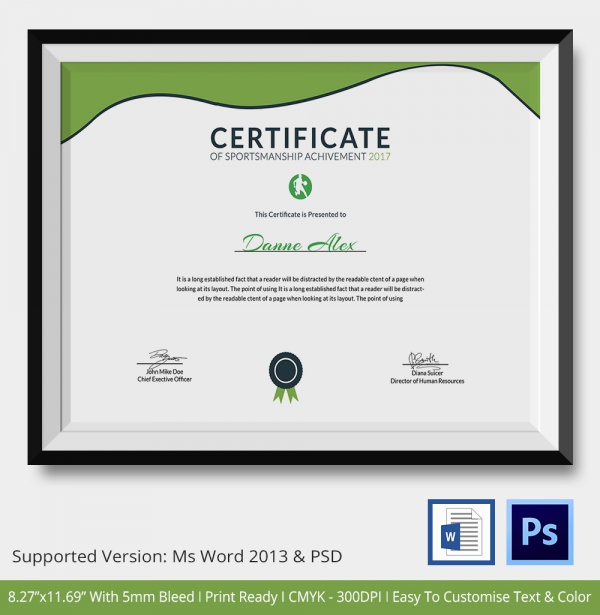 Sportsmanship Certificate Template 6+ Word, PSD Format Download