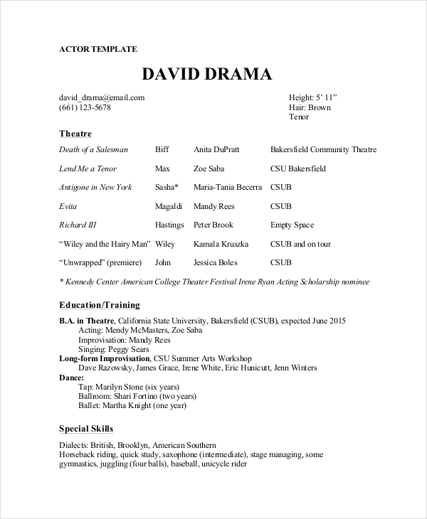 Theater Resume Template 8 Word PDF Documents Download