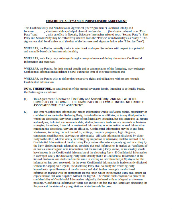 standard confidentiality agreement template