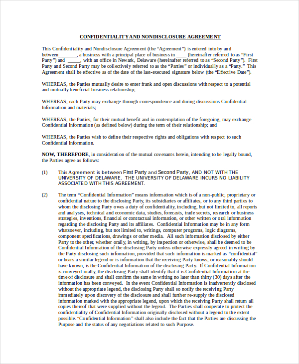 standard confidentiality agreement template