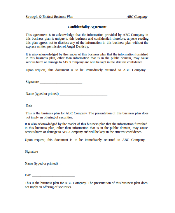 business plan confidentiality agreement sample