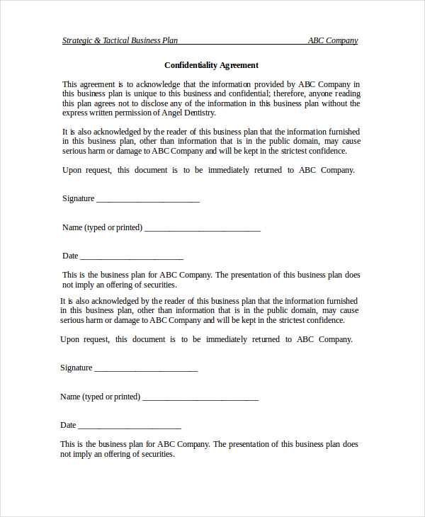 confidentiality agreement in business plan