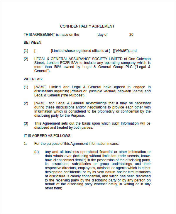 legal confidentiality agreement template