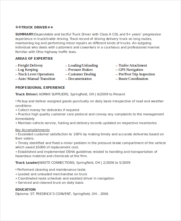 short summary for driver resume