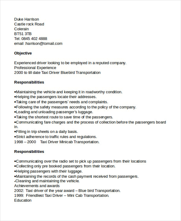 resume format for driver in word
