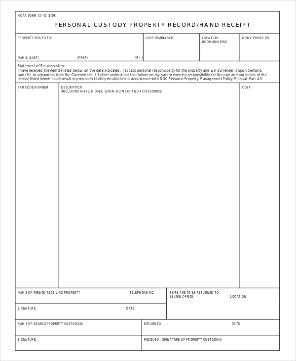 personal custody receipt template