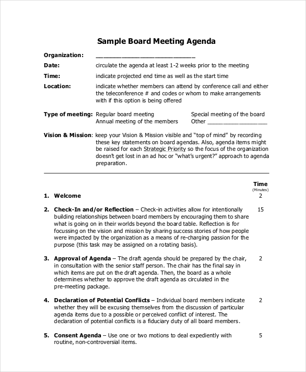 board of directors agenda template