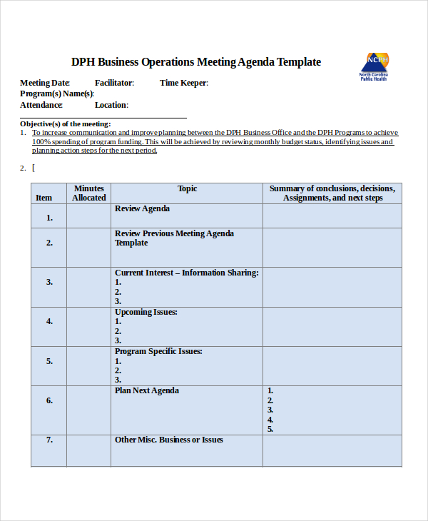 business meeting agenda template