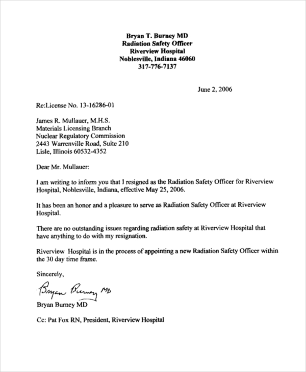 radiation safety offcer formal resignation letter