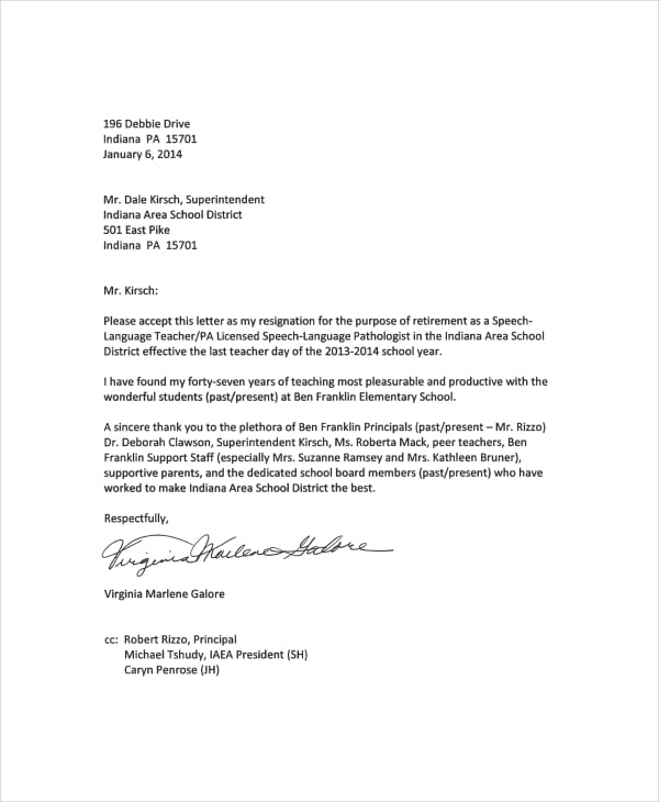 teacher proffesional resignation letter