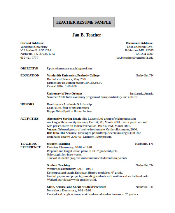 resume for elementary teacher fresh graduate