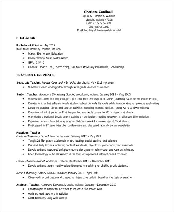 sample resume for teacher in private school