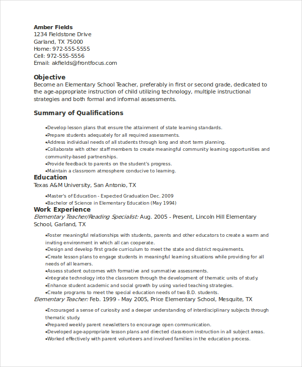 elementary school teacher sample resume