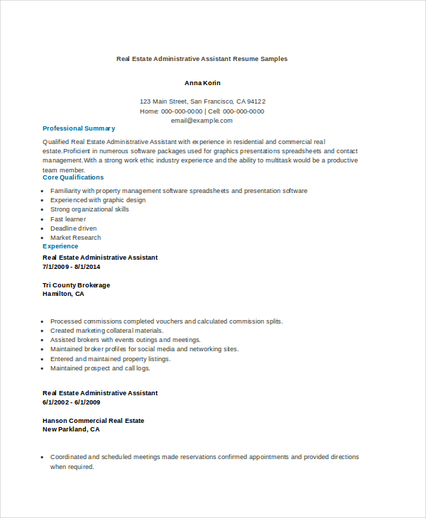 real estate administrative assistant resume