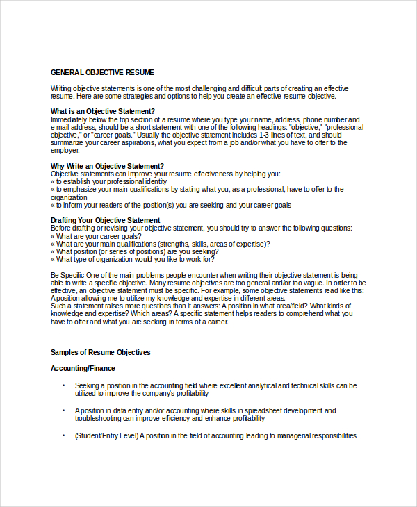 18 Sample Resume Objectives Pdf Doc Free Premium Templates