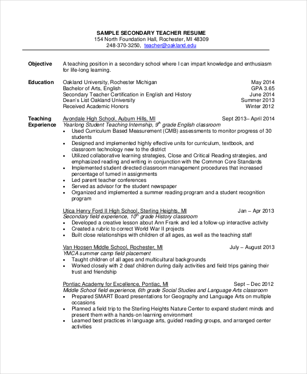 resume objective example for teacher