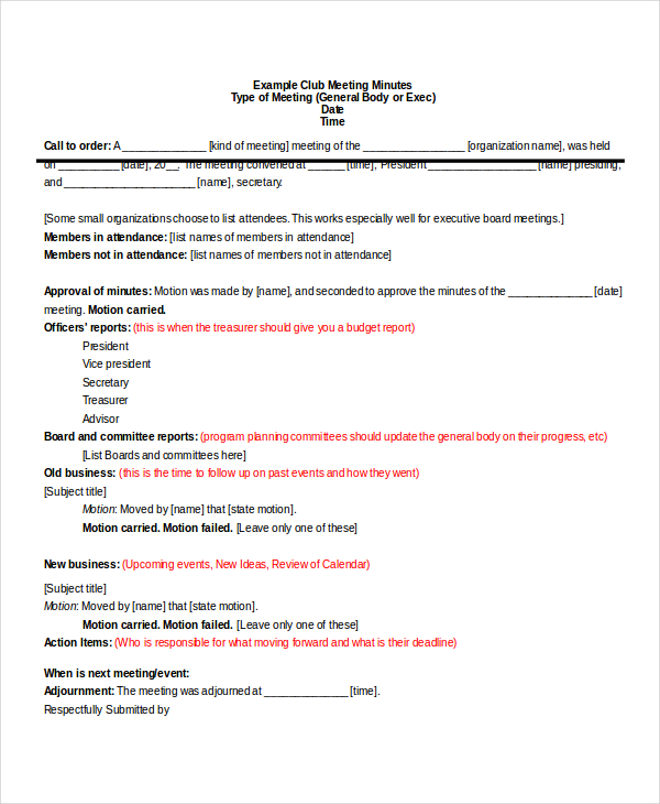 club meeting minutes template