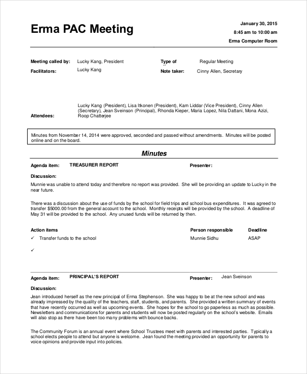 informal meeting minutes template