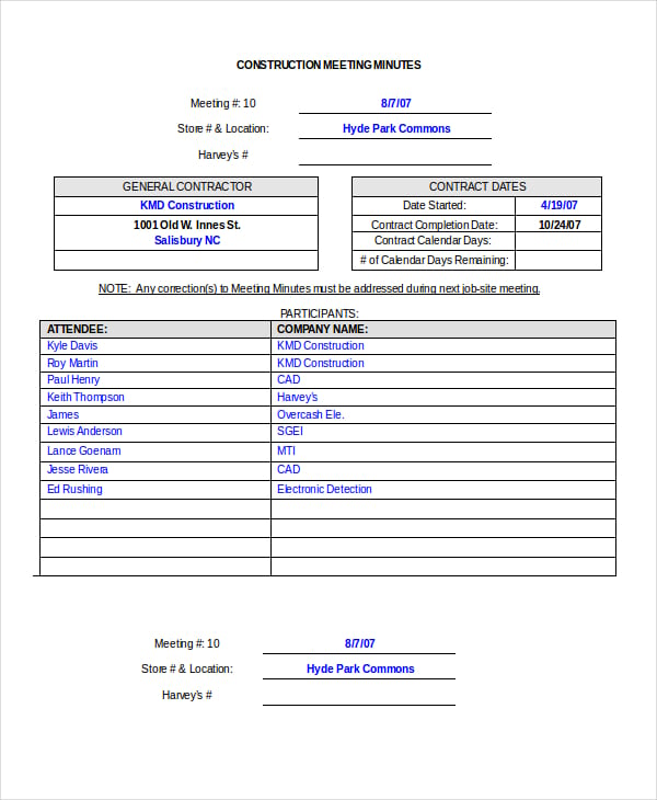 simple construction meeting minutes template