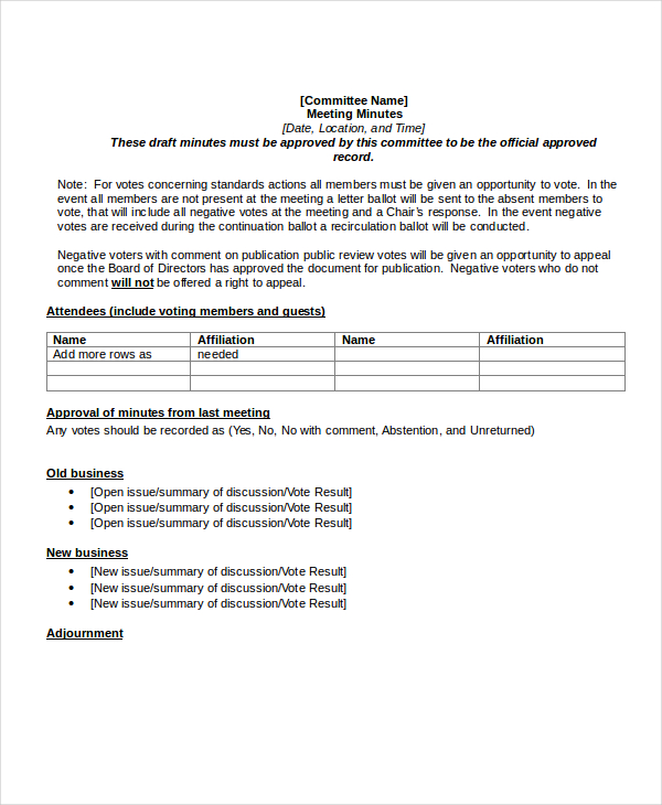 simple meeting minutes format