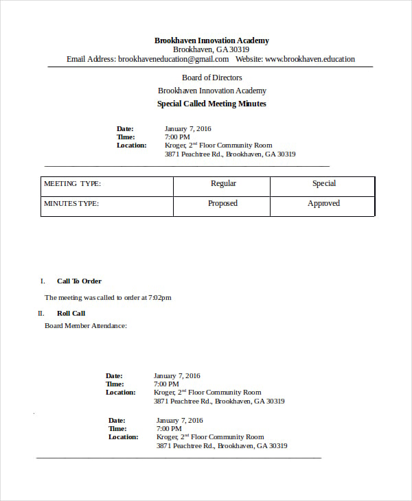 special called meeting minutes template