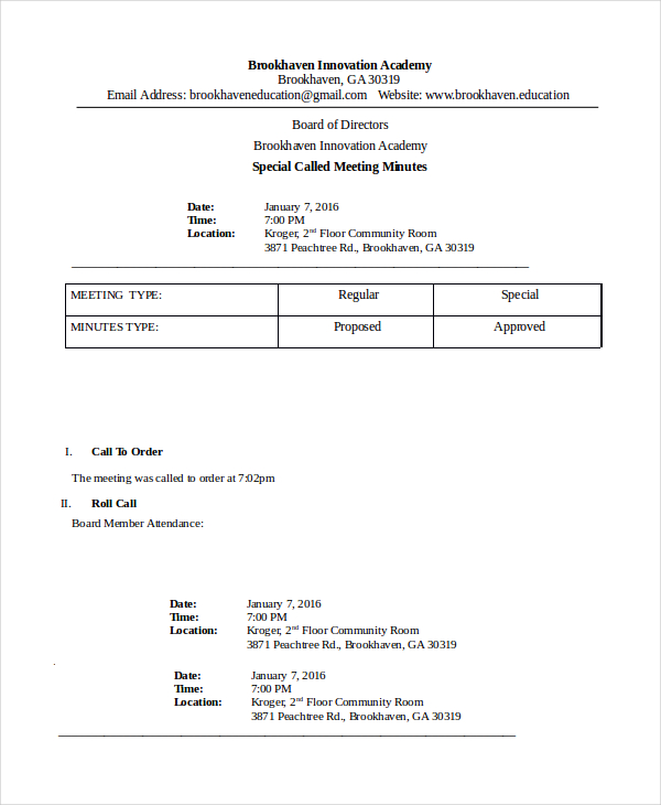 special called meeting minutes template